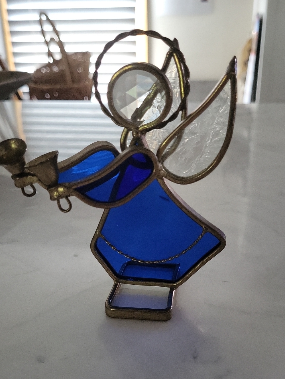 Vintage Colbolt Blue Stained Glass Angel Figurine with Crystal Halo